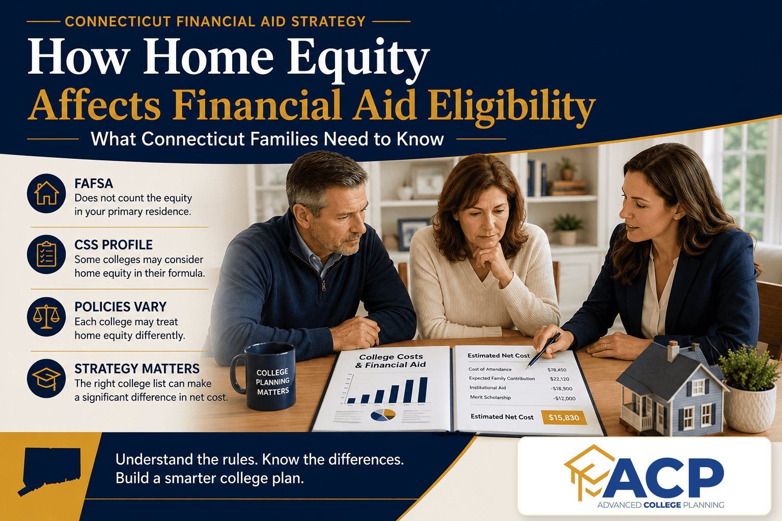 Connecticut family discussing home equity and financial aid planning with a college planning advisor